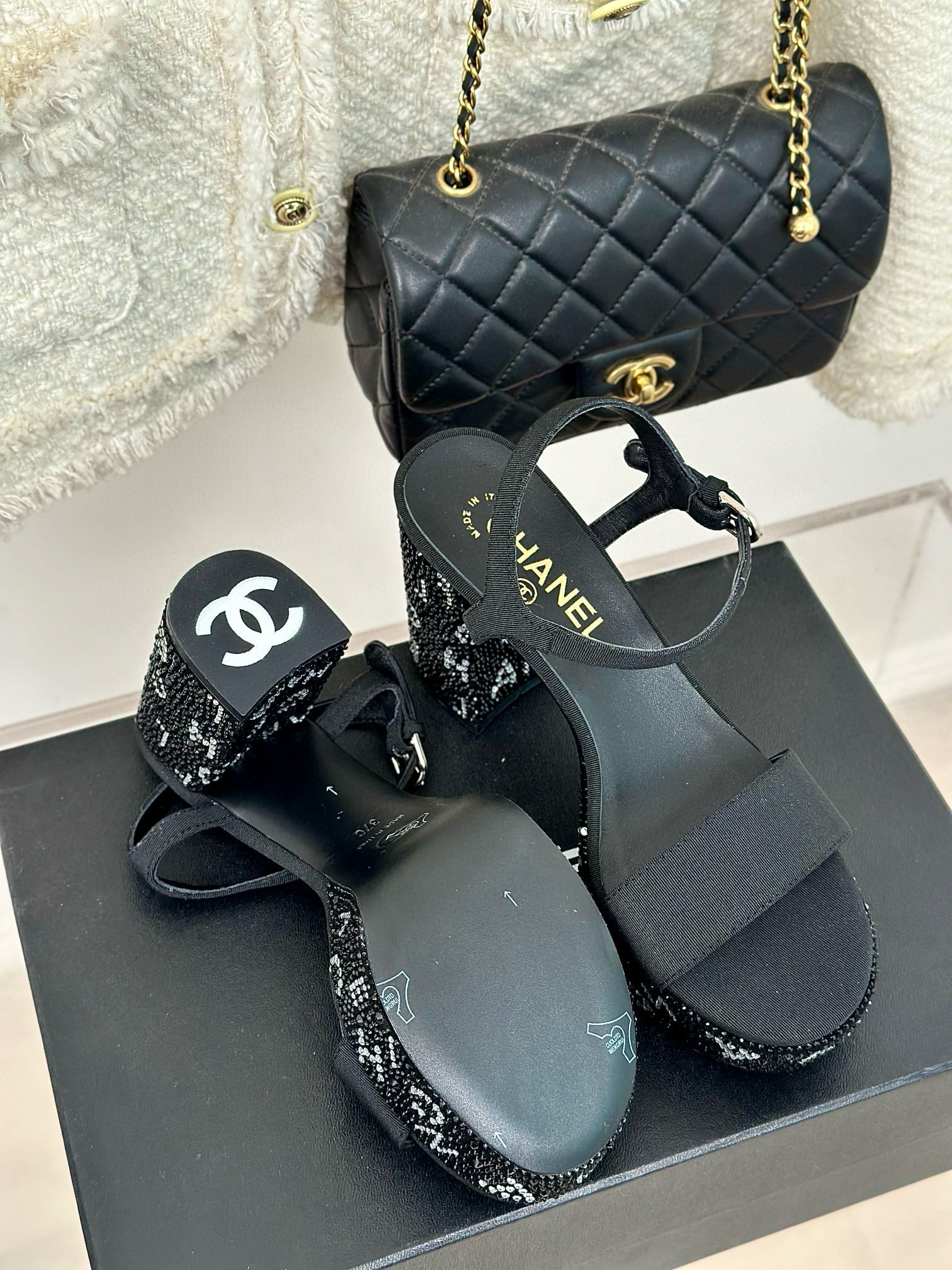 CHANEL Rhinestone Chunky Sandals Heels