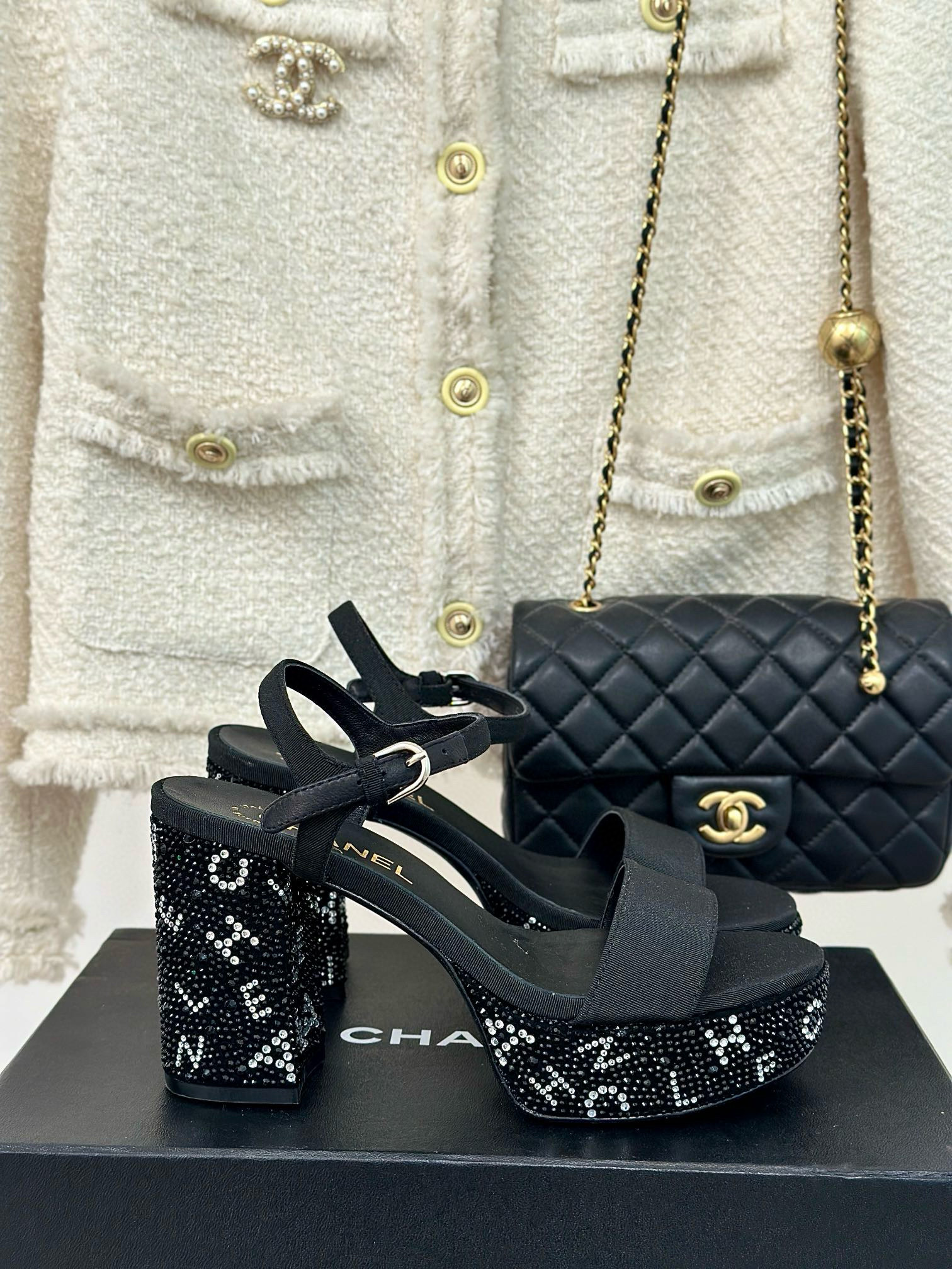 CHANEL Rhinestone Chunky Sandals Heels