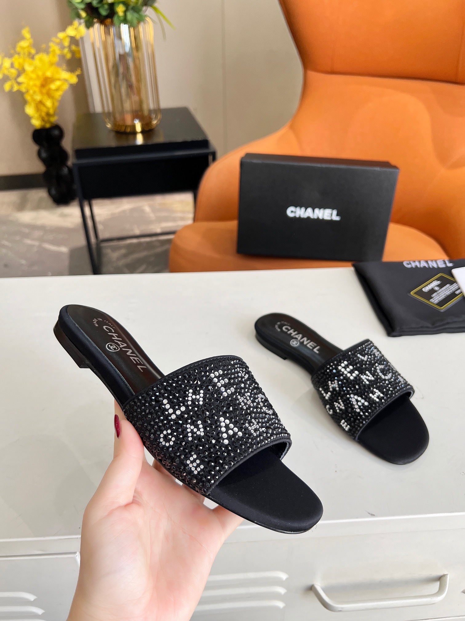 CHANEL Rhinestone Slippers