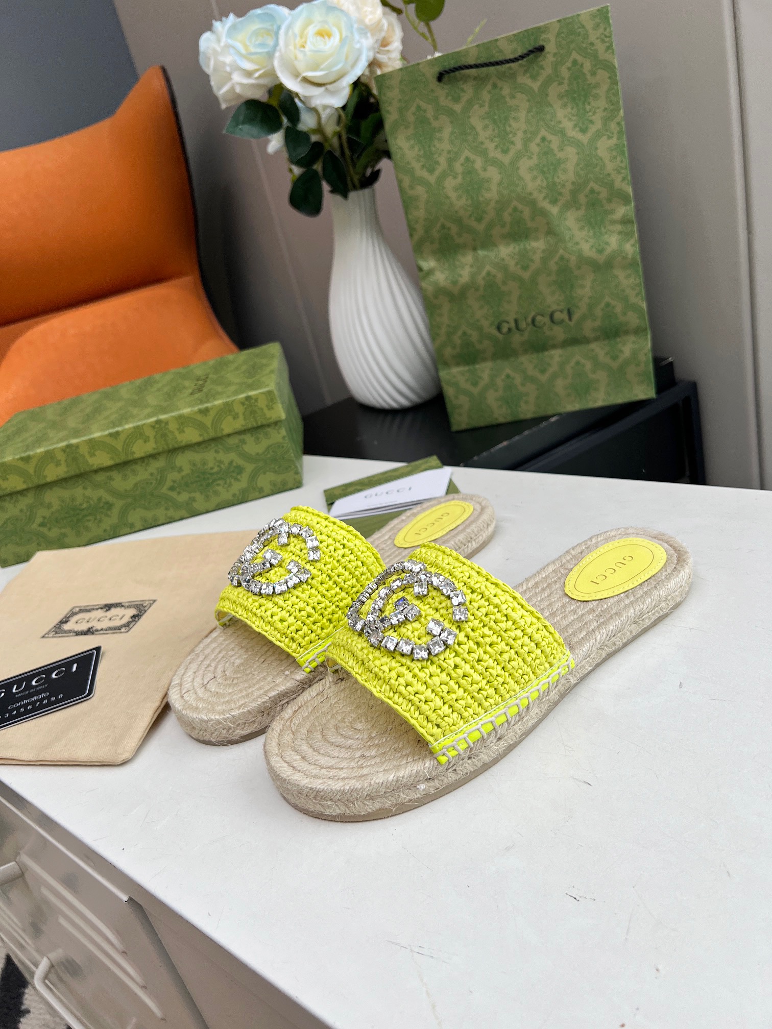 GUCCI Rhinestone Woven Slippers