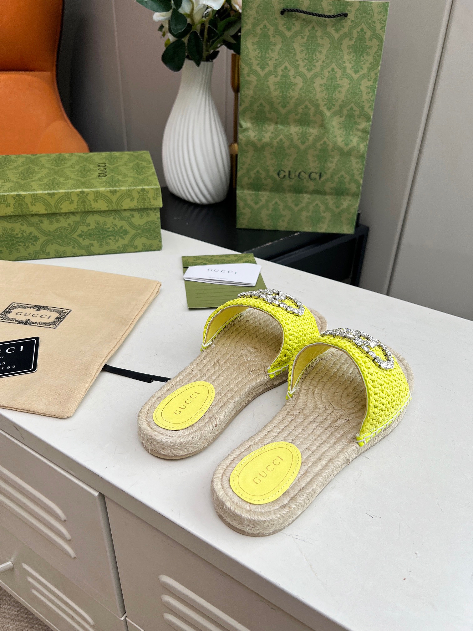 GUCCI Rhinestone Woven Slippers