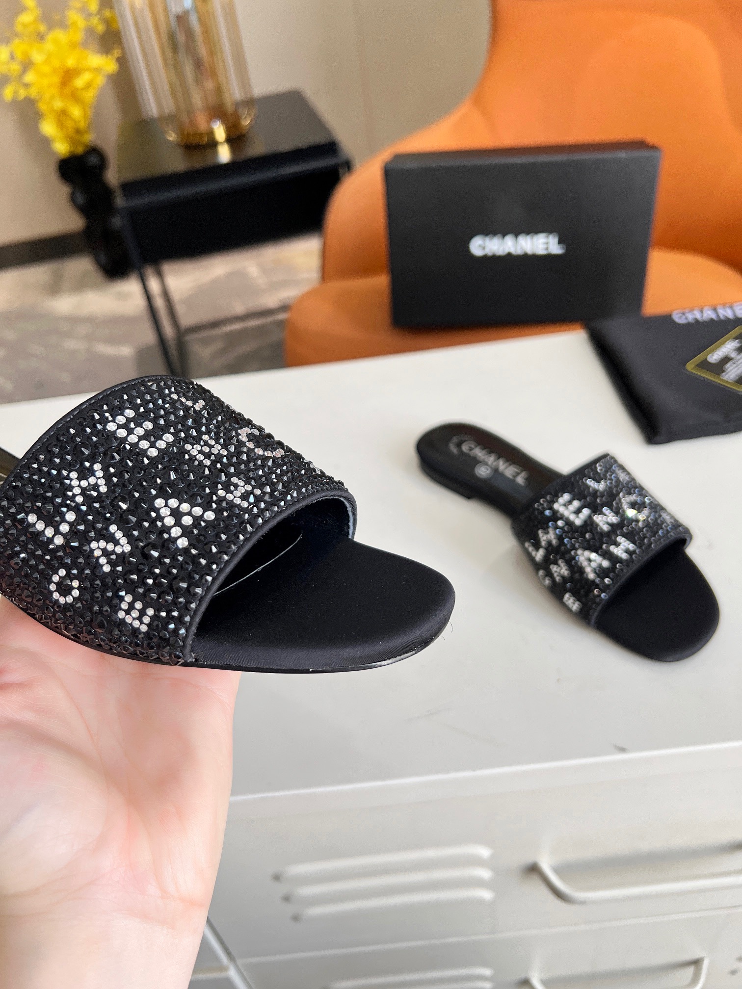 CHANEL Rhinestone Slippers