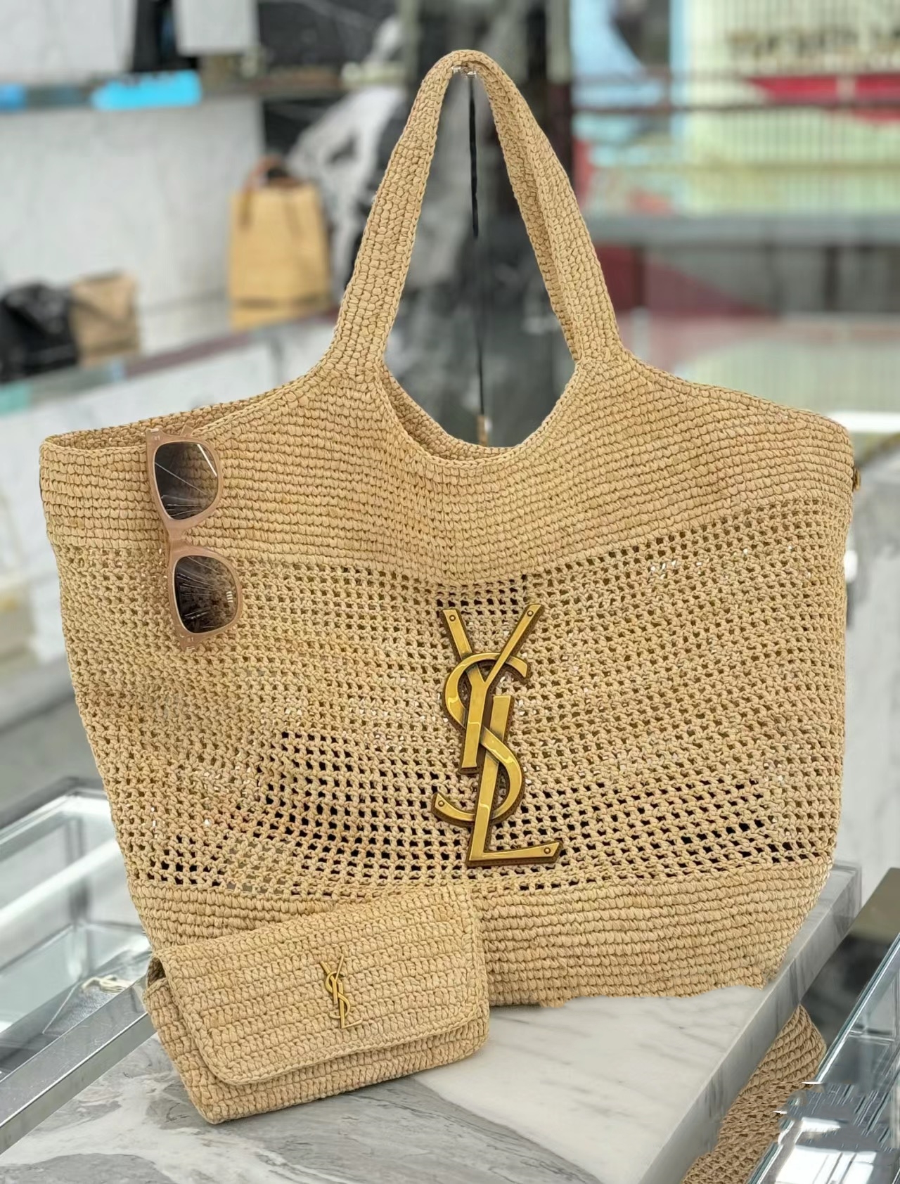 YSL ICARE Raffia crochet shopping bag