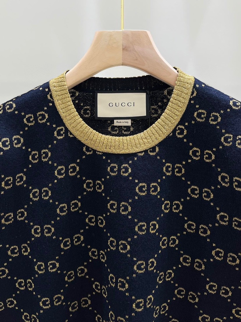 GUCCI Gold and silver thread mixed color knitted short sleeve