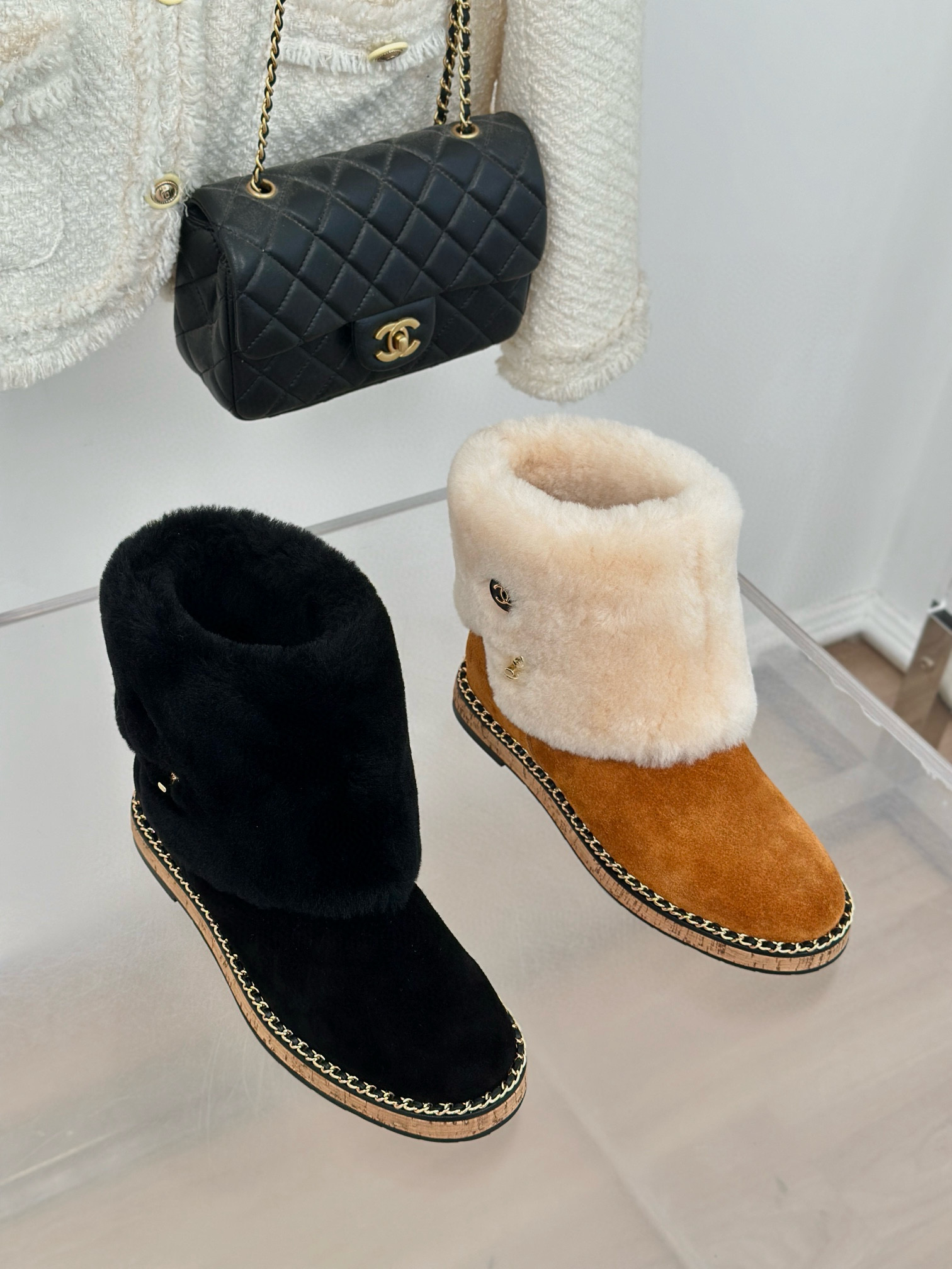 CHANEL Chain uggs with wood grain soles Snow Boots